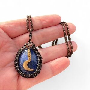 Artisan Blue & Gold Pendant Necklace  Egyptian Theme Lapis Spinel Gemstone